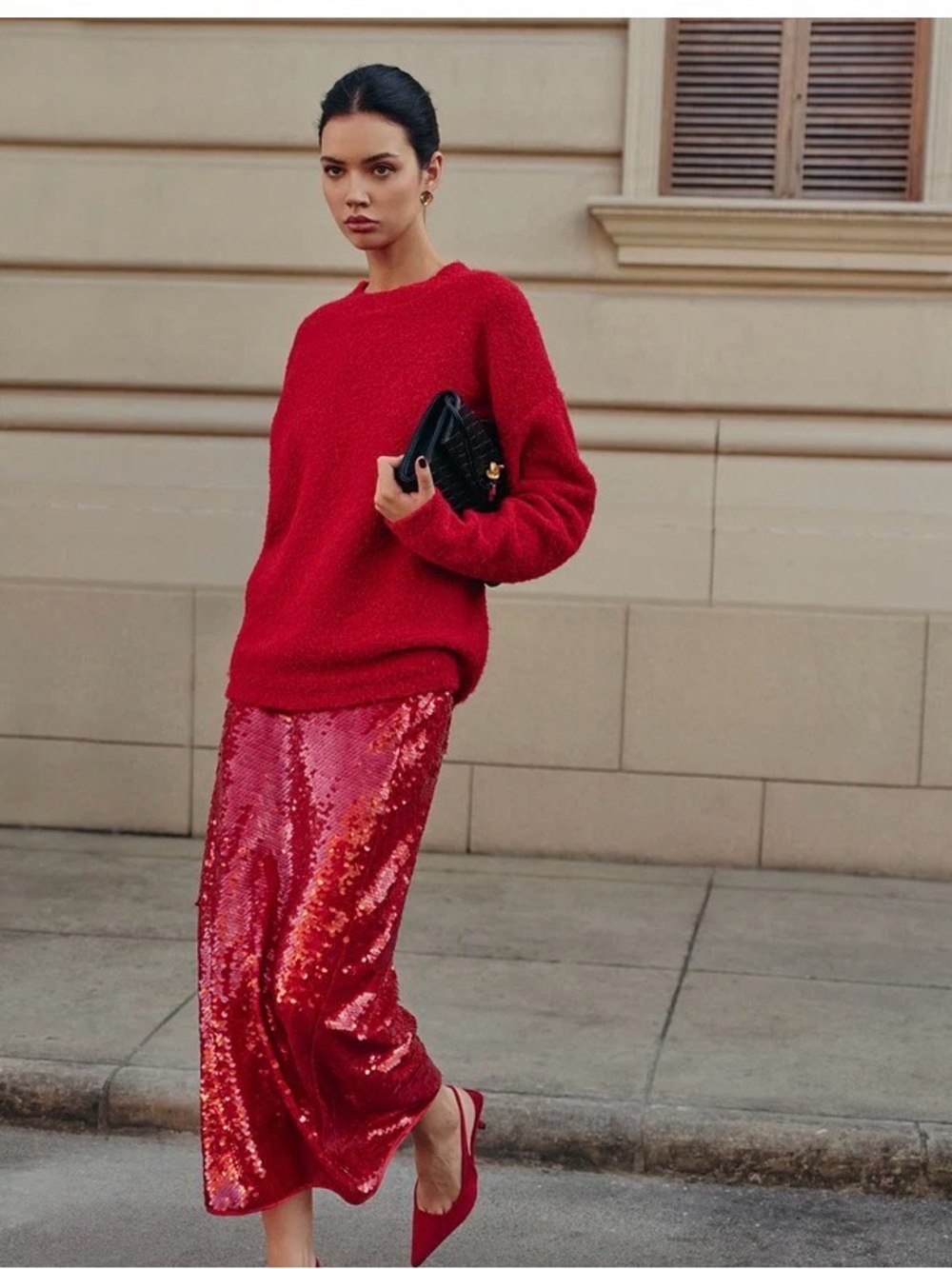Commense Red Sequin Wide-Leg Pants